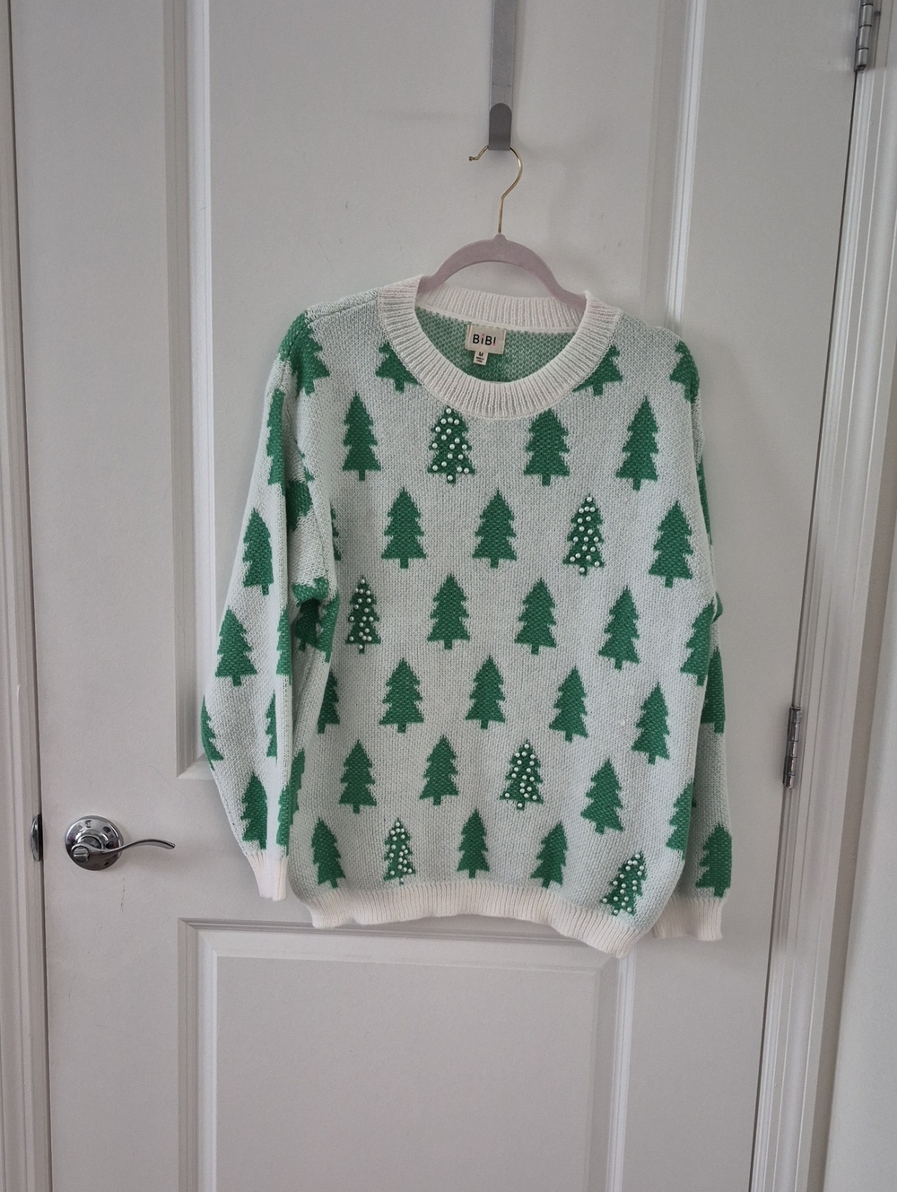 BiBi Cream & Green Christmas Tree Crewneck Sweater